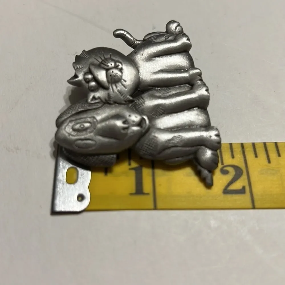 Vintage J.J. Pewter Dog and Cat Brooch